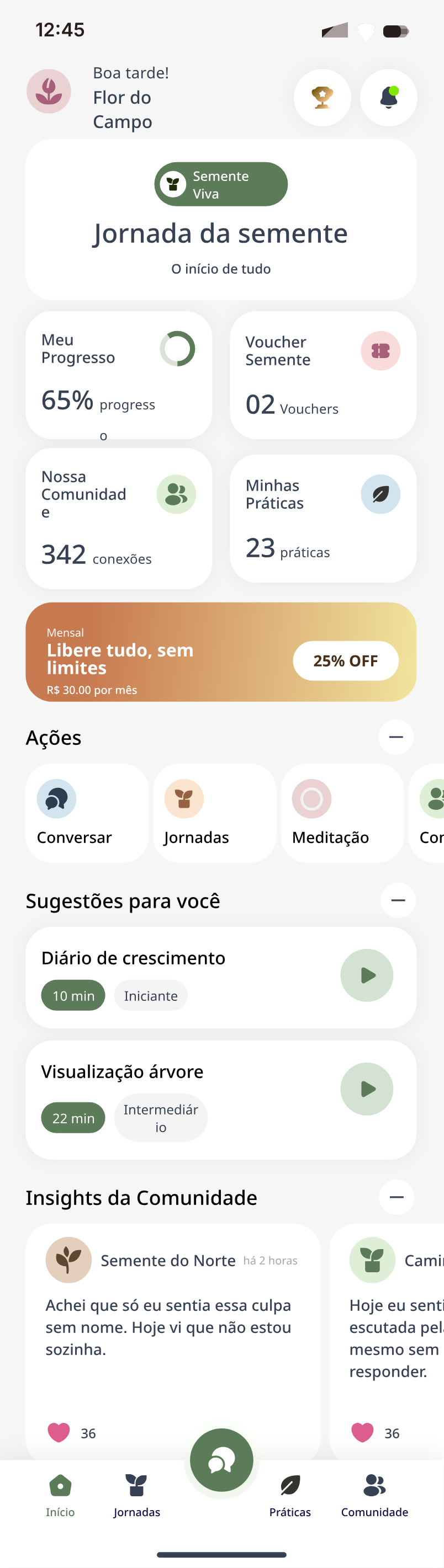 Tela inicial do app Arami dentro de uma Jornada PSL.
